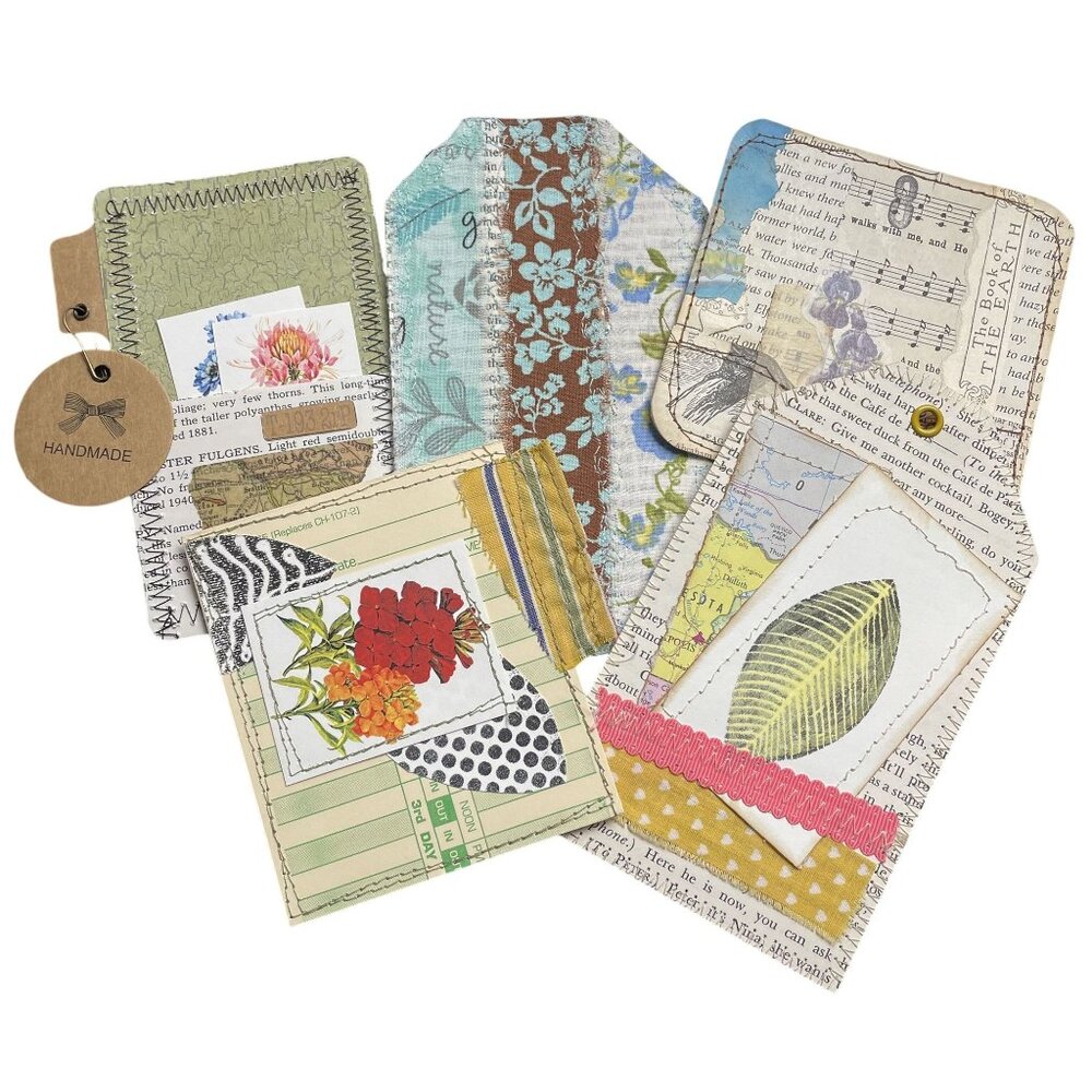 5 Handmade Bookmark Junk Journal Tags Sewn Vintage Style Scrapbook u B